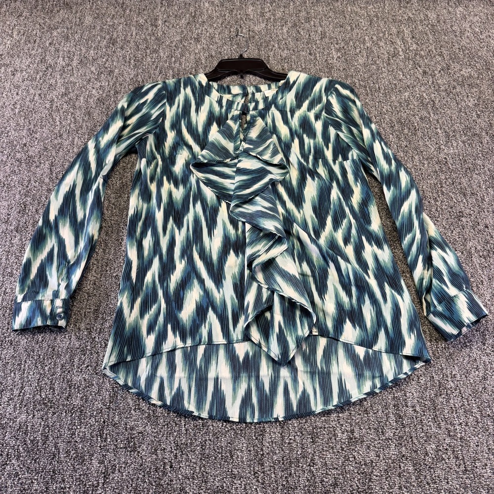 New York & Company Fish Tail Blouse Women Small Multicolor Abstract Print Ruffle